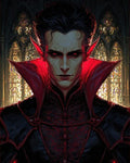 GRID THUMBNAIL — A pale, red-eyed vampire with sharp ears and a towering crimson collar stands before glowing stained-glass windows inside a shadowy cathedral.