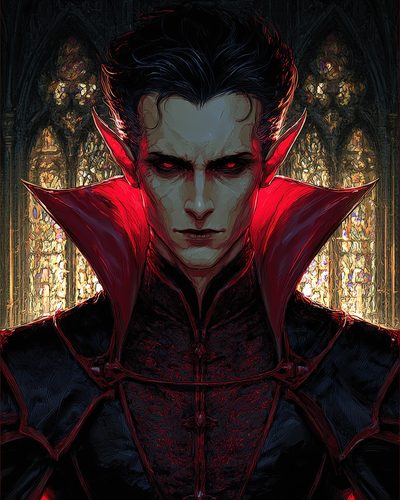 GRID THUMBNAIL — A pale, red-eyed vampire with sharp ears and a towering crimson collar stands before glowing stained-glass windows inside a shadowy cathedral.