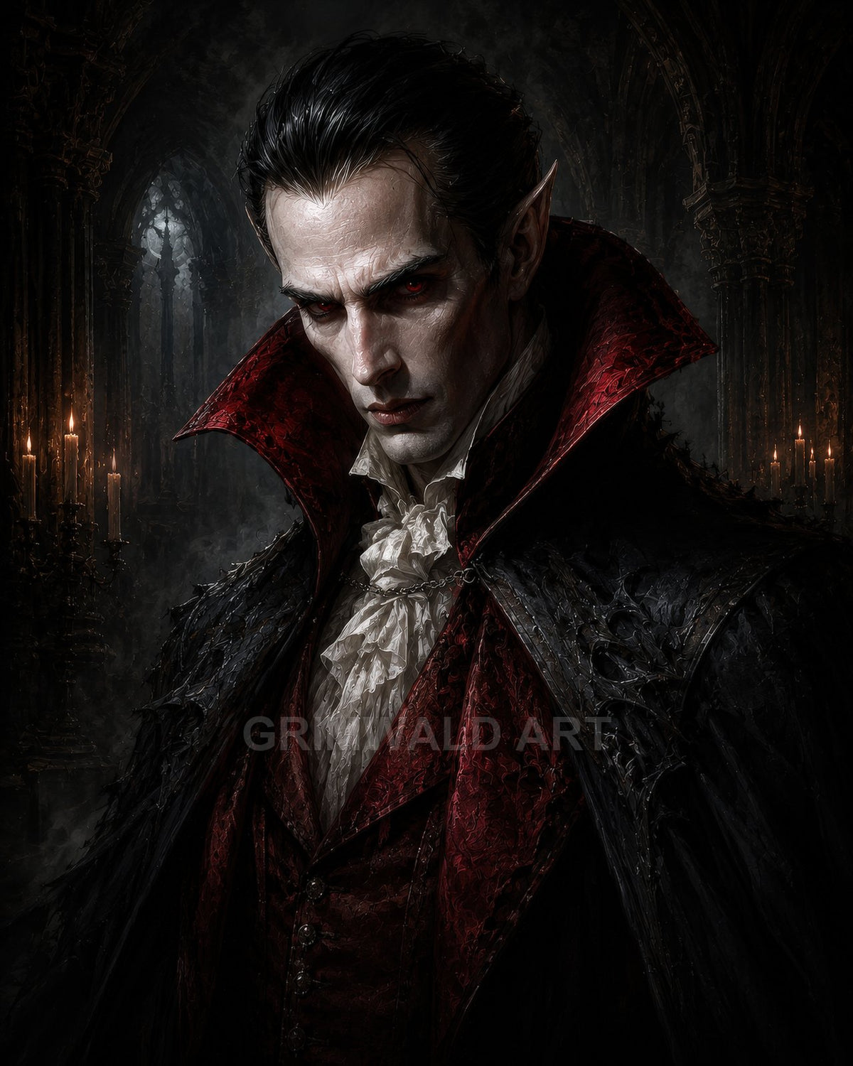 Pale male vampire with red eyes and a towering crimson collar stands in a candlelit gothic cathedral, wearing ornate black cloak and ruffled cravat.