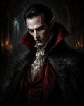 GRID THUMBNAIL — Pale male vampire with red eyes and a towering crimson collar stands in a candlelit gothic cathedral, wearing ornate black cloak and ruffled cravat.