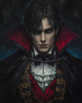 GRID THUMBNAIL — Brooding male vampire with pale skin, black cloak and crimson high collar, ornate ruffled shirt and bow tie, standing in a dim gothic interior.