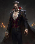 GRID THUMBNAIL — Male vampire with red eyes and high-collared cape stands in a candlelit gothic hall, wearing ornate black and crimson clothing, rings and clawed nails.