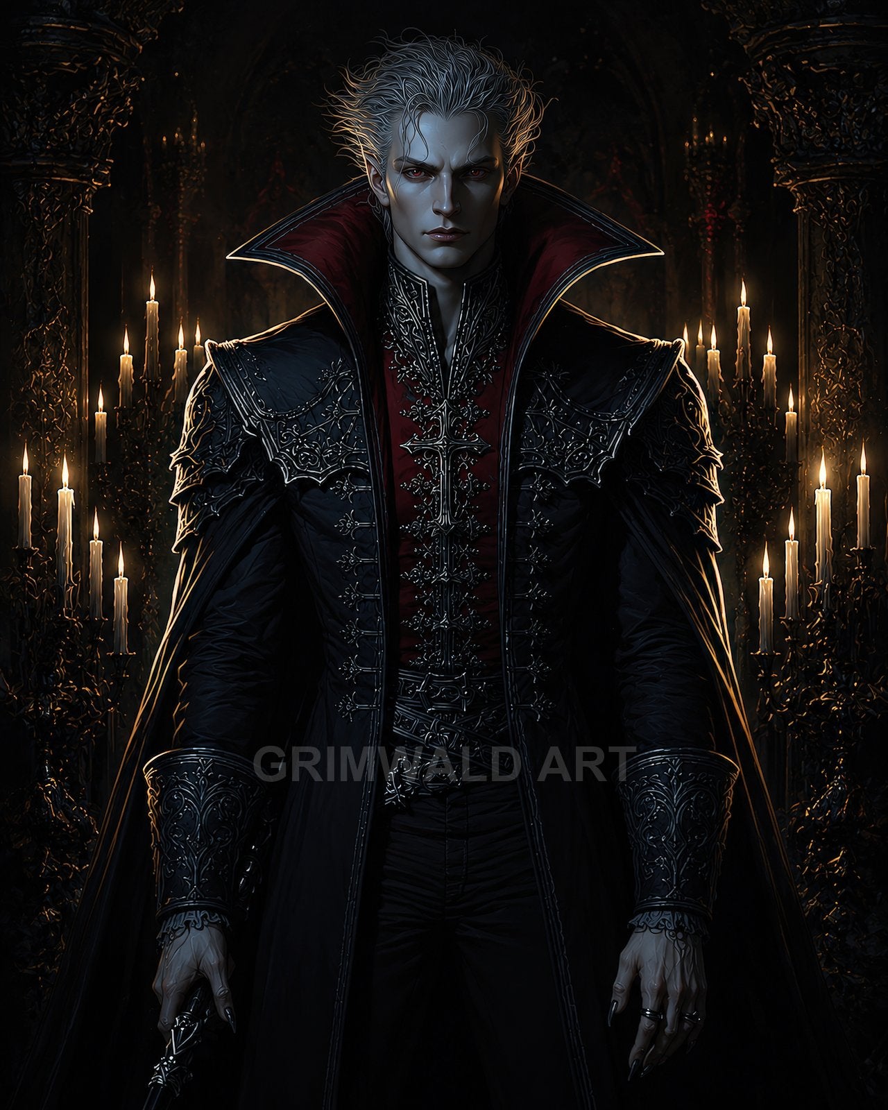 Pale, red-eyed vampire in ornate black coat with scarlet high collar, standing before candlelit gothic columns in a dark cathedral interior.