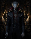 GRID THUMBNAIL — Pale, red-eyed vampire in ornate black coat with scarlet high collar, standing before candlelit gothic columns in a dark cathedral interior.