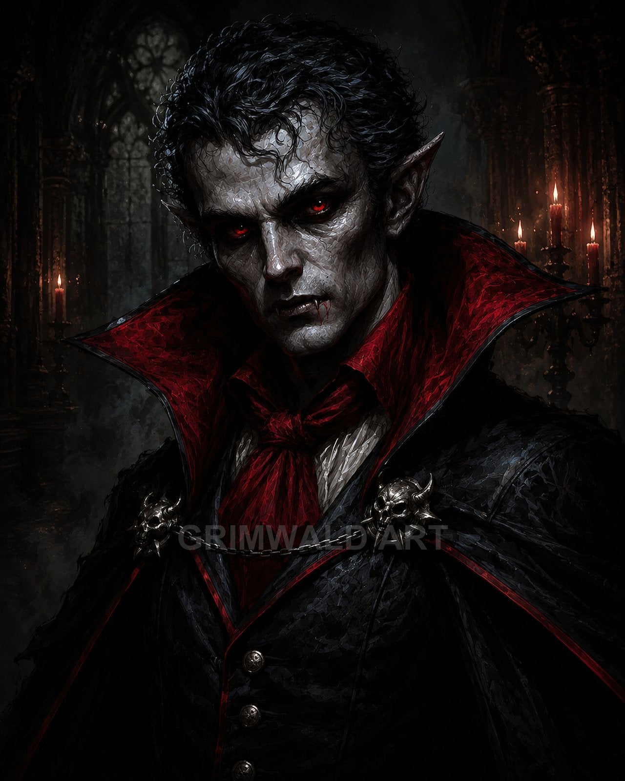 Candlelit portrait of a pale vampire noble with red eyes and fangs, high red collar, skull-clasped cloak, in a gothic castle interior.