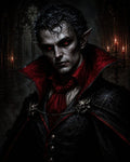 GRID THUMBNAIL — Candlelit portrait of a pale vampire noble with red eyes and fangs, high red collar, skull-clasped cloak, in a gothic castle interior.