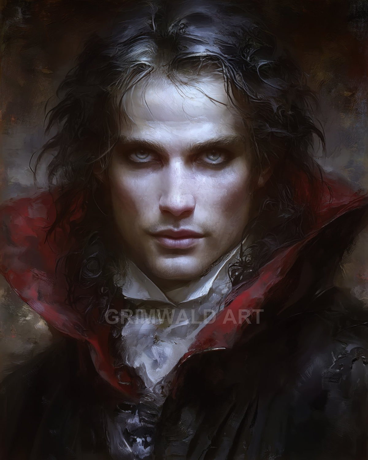 Moody portrait of a pale male vampire with piercing eyes, black hair and a red-lined high collar, painted in dark gothic style.