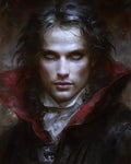 GRID THUMBNAIL — Moody portrait of a pale male vampire with piercing eyes, black hair and a red-lined high collar, painted in dark gothic style.
