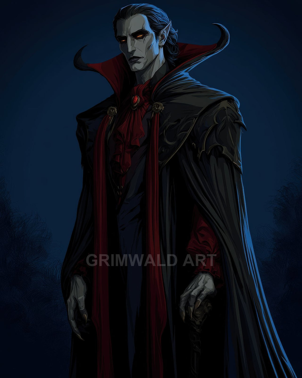 Pale male vampire in a high-collared black cloak with crimson accents, glowing eyes and clawed hands, posed against a dark night forest.