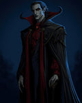 GRID THUMBNAIL — Pale male vampire in a high-collared black cloak with crimson accents, glowing eyes and clawed hands, posed against a dark night forest.