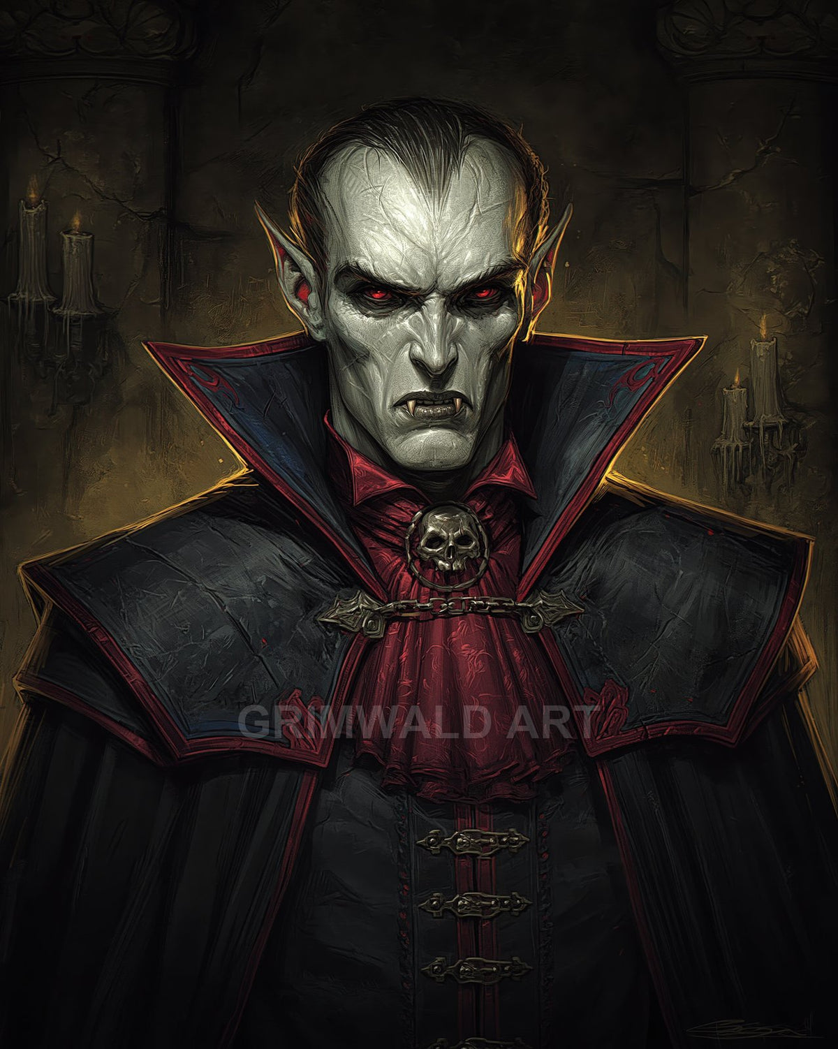 Gothic portrait of a male vampire with red eyes and fangs, wearing a high-collared black cloak and skull brooch in a candlelit castle.