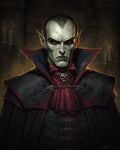 GRID THUMBNAIL — Gothic portrait of a male vampire with red eyes and fangs, wearing a high-collared black cloak and skull brooch in a candlelit castle.