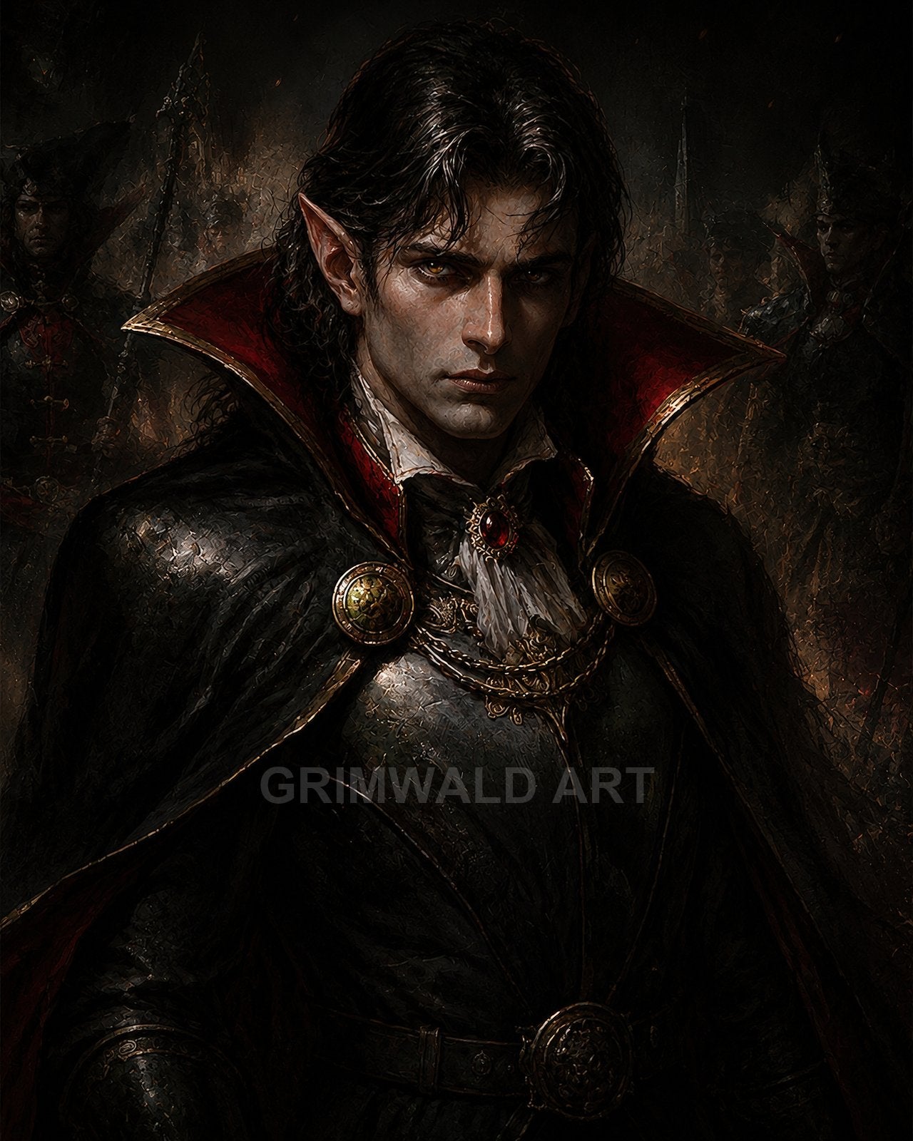 Moody portrait of a pale, sharp-eared vampire noble in ornate black cloak with red collar, jewelled brooches, and shadowy armoured retinue behind.