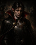 GRID THUMBNAIL — Moody portrait of a pale, sharp-eared vampire noble in ornate black cloak with red collar, jewelled brooches, and shadowy armoured retinue behind.