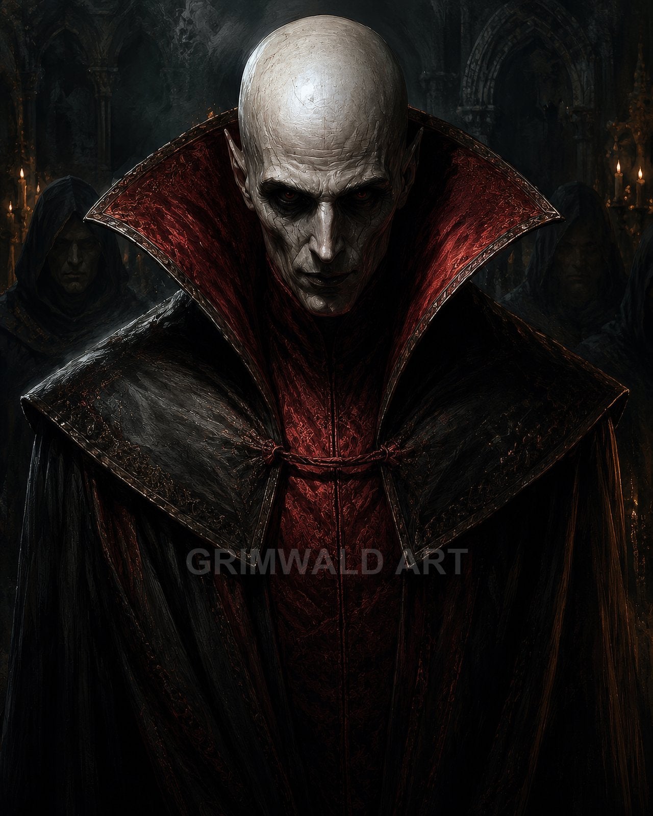 Bald, pale vampire in ornate black and crimson high-collared cloak, glowering in a candlelit gothic cathedral with shadowy hooded figures behind.