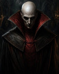 GRID THUMBNAIL — Bald, pale vampire in ornate black and crimson high-collared cloak, glowering in a candlelit gothic cathedral with shadowy hooded figures behind.