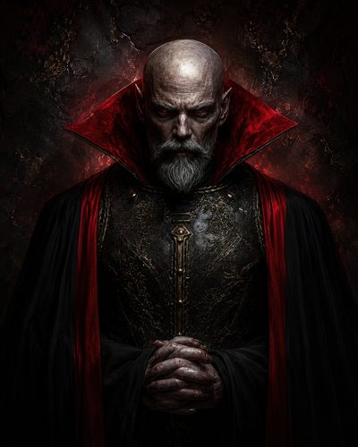 GRID THUMBNAIL — A bald, red-eyed vampire noble in ornate black armour and a crimson-collared cloak, hands clasped, stands against a dark, textured backdrop.