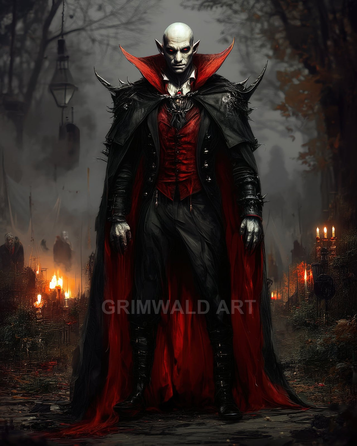 Pale, red-eyed vampire lord in spiked black armour and flowing red-lined cloak stands in a foggy, firelit forest path.