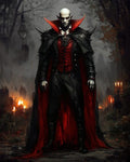 GRID THUMBNAIL — Pale, red-eyed vampire lord in spiked black armour and flowing red-lined cloak stands in a foggy, firelit forest path.