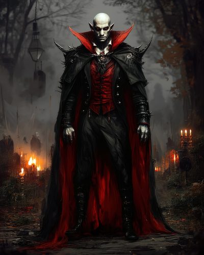 GRID THUMBNAIL — Pale, red-eyed vampire lord in spiked black armour and flowing red-lined cloak stands in a foggy, firelit forest path.