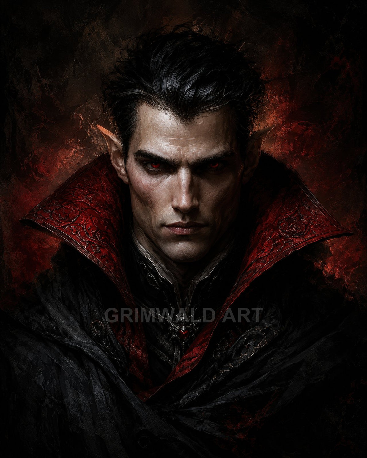 Brooding male vampire with red eyes and pointed ears wearing an ornate black cloak and crimson high collar, lit by a moody red glow.
