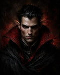 GRID THUMBNAIL — Brooding male vampire with red eyes and pointed ears wearing an ornate black cloak and crimson high collar, lit by a moody red glow.