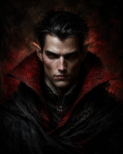 GRID THUMBNAIL — Brooding male vampire with red eyes and pointed ears wearing an ornate black cloak and crimson high collar, lit by a moody red glow.
