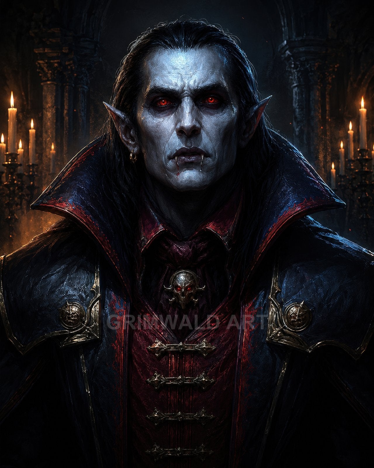 Pale male vampire with red eyes and fangs, in ornate dark armour and crimson collar, firelit by candles within a gothic hall.