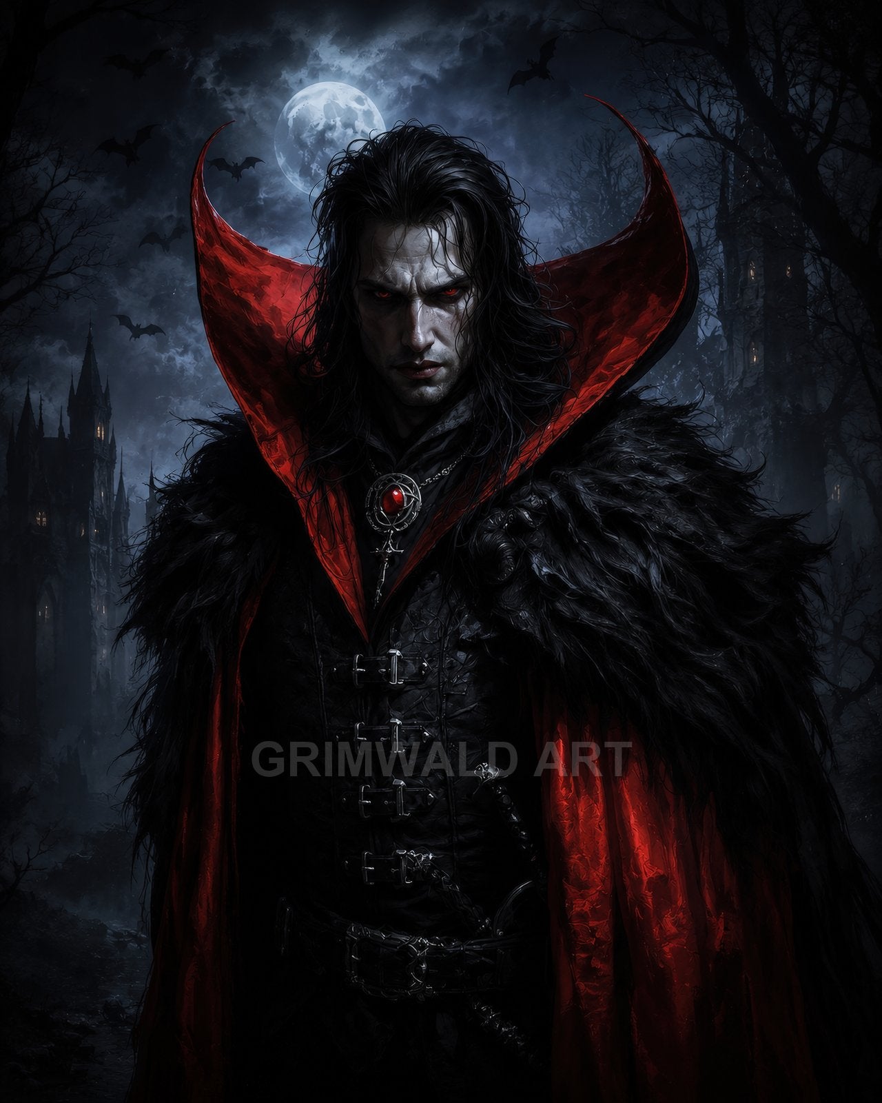 Male vampire with red eyes and a crimson high-collared cloak stands before a moonlit gothic castle, bats circling in a dark forest.