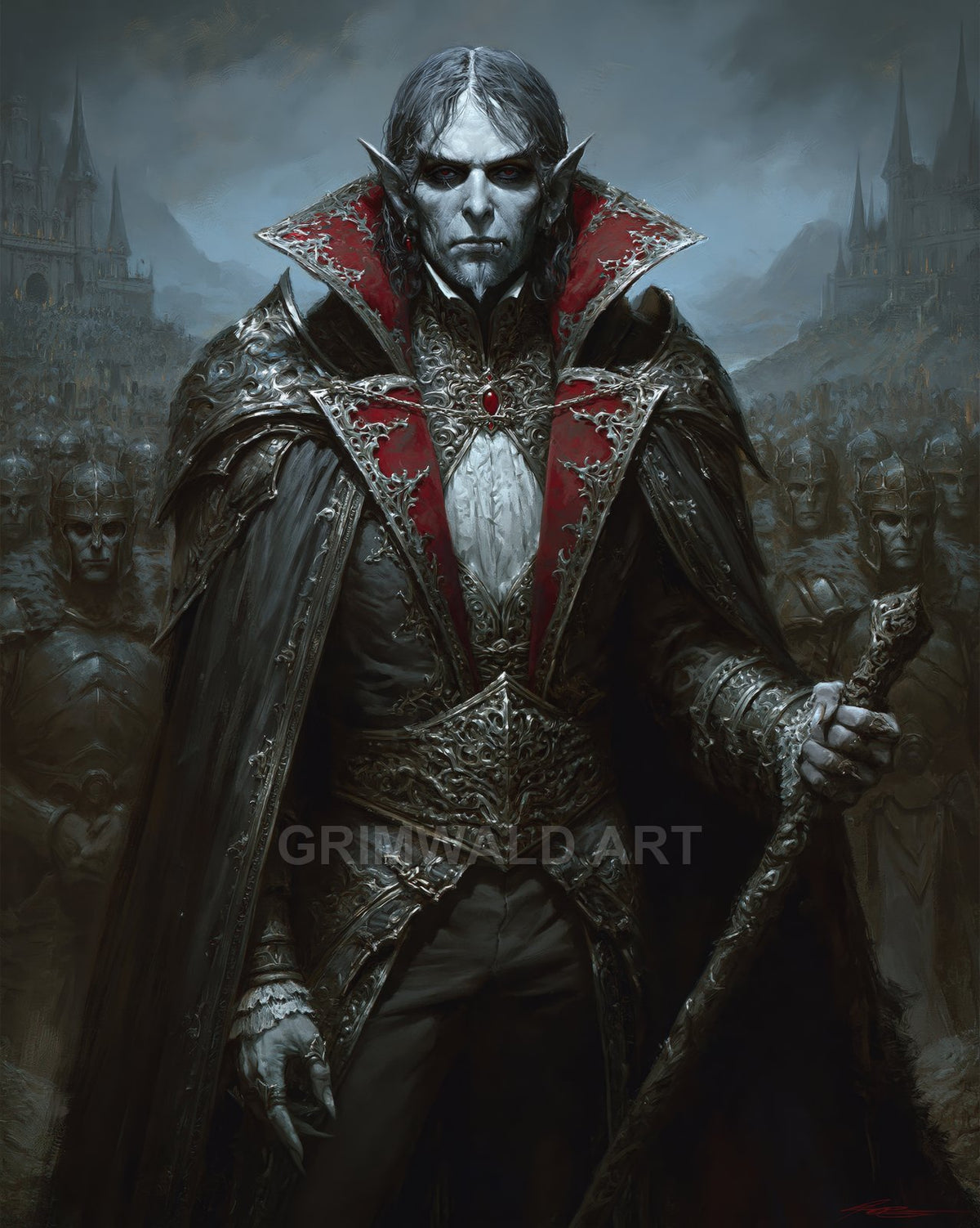 A pale, sharp-eared vampire lord in ornate armour and a crimson-collared cloak holds a carved staff before a shadowy army and distant gothic castles.