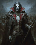 GRID THUMBNAIL — A pale, sharp-eared vampire lord in ornate armour and a crimson-collared cloak holds a carved staff before a shadowy army and distant gothic castles.