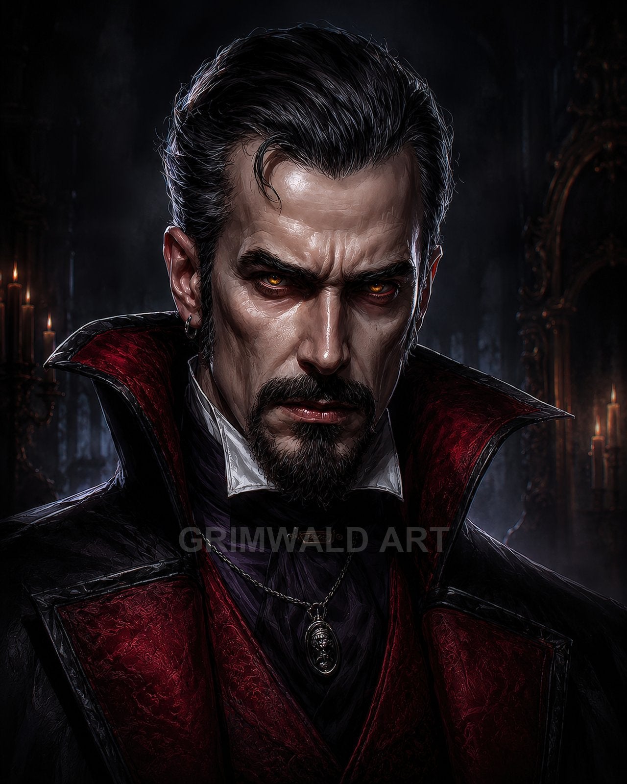 Close-up portrait of a stern male vampire with glowing amber eyes, high crimson collar, ornate pendant, and candlelit gothic castle backdrop.