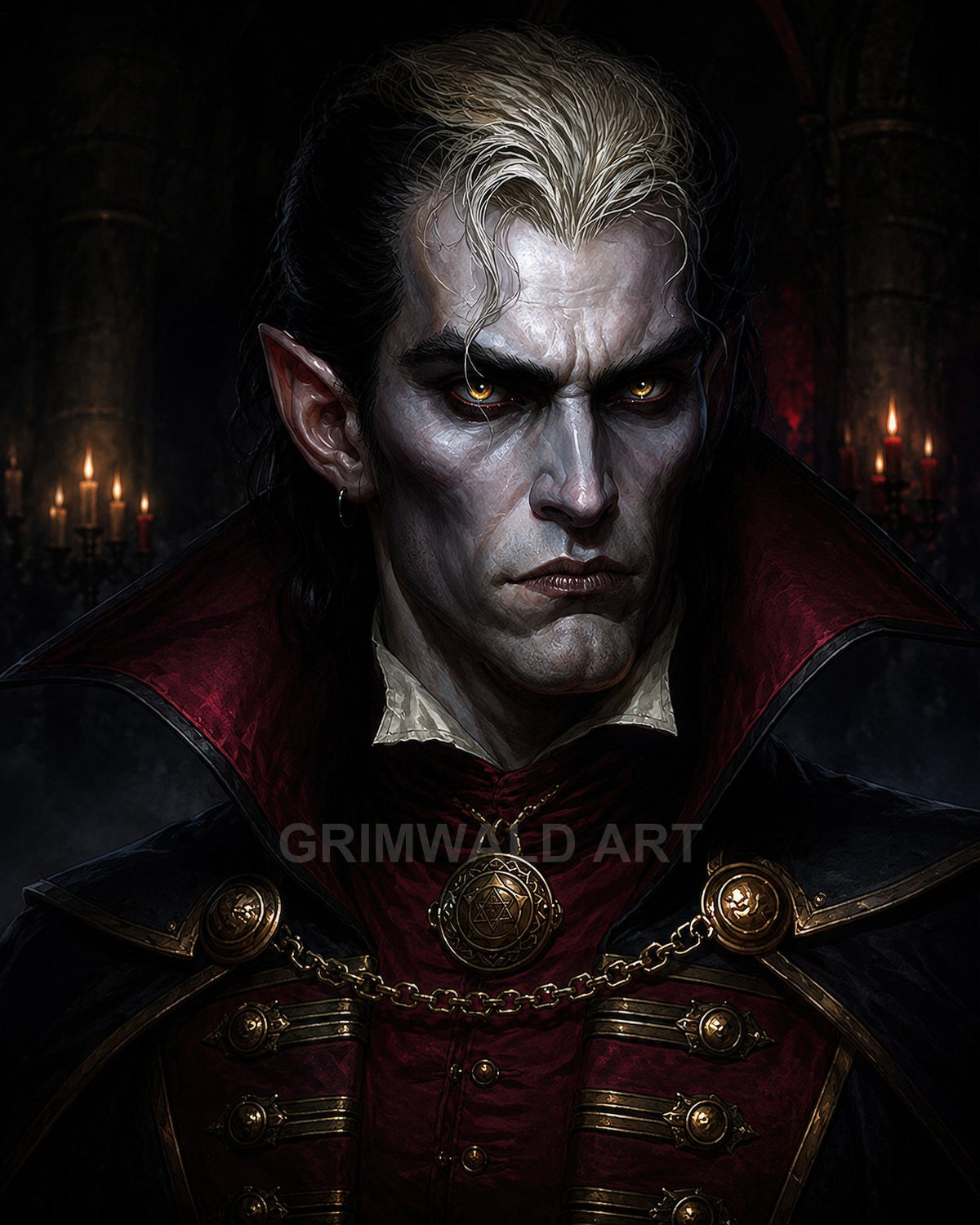 Firelit portrait of a pale, sharp-eared vampire noble in red and black regalia, golden eyes and pendant, in a shadowed castle interior.