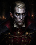 GRID THUMBNAIL — Firelit portrait of a pale, sharp-eared vampire noble in red and black regalia, golden eyes and pendant, in a shadowed castle interior.