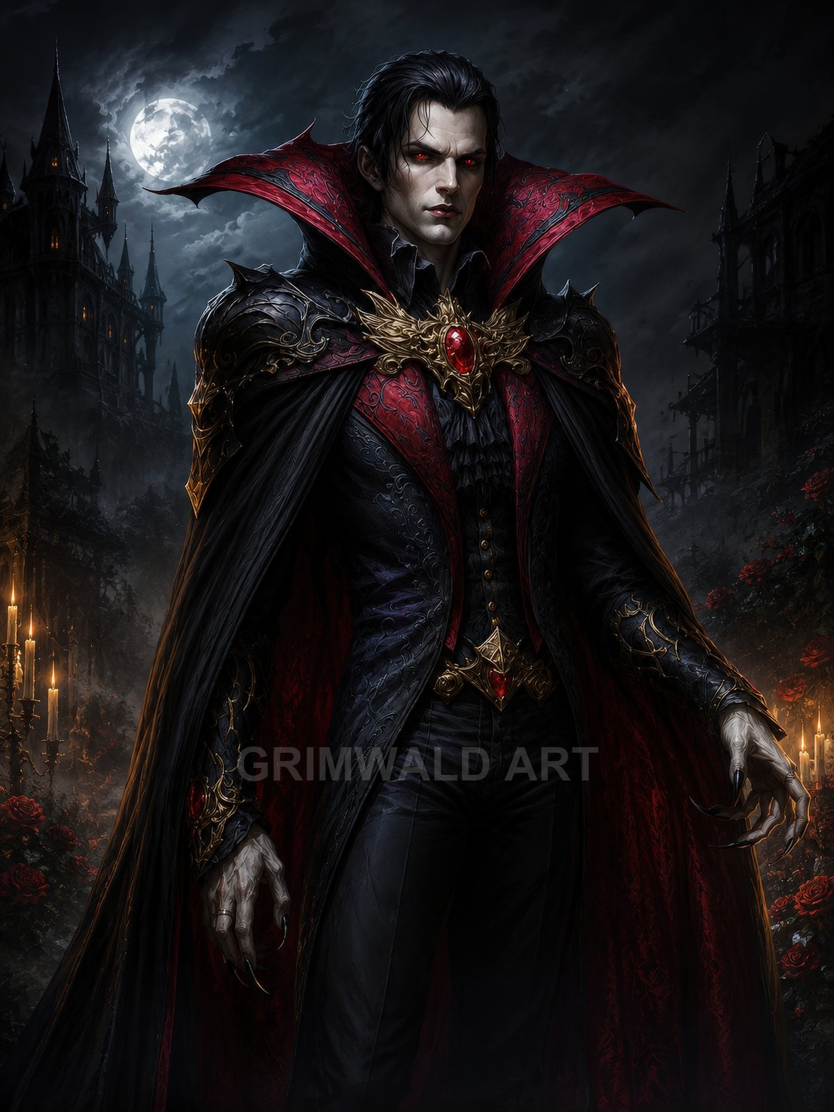 Moonlit portrait of a pale male vampire in ornate black and red cloak with high collar, crimson eyes, gothic castle and candles among roses.