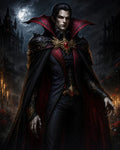 GRID THUMBNAIL — Moonlit portrait of a pale male vampire in ornate black and red cloak with high collar, crimson eyes, gothic castle and candles among roses.