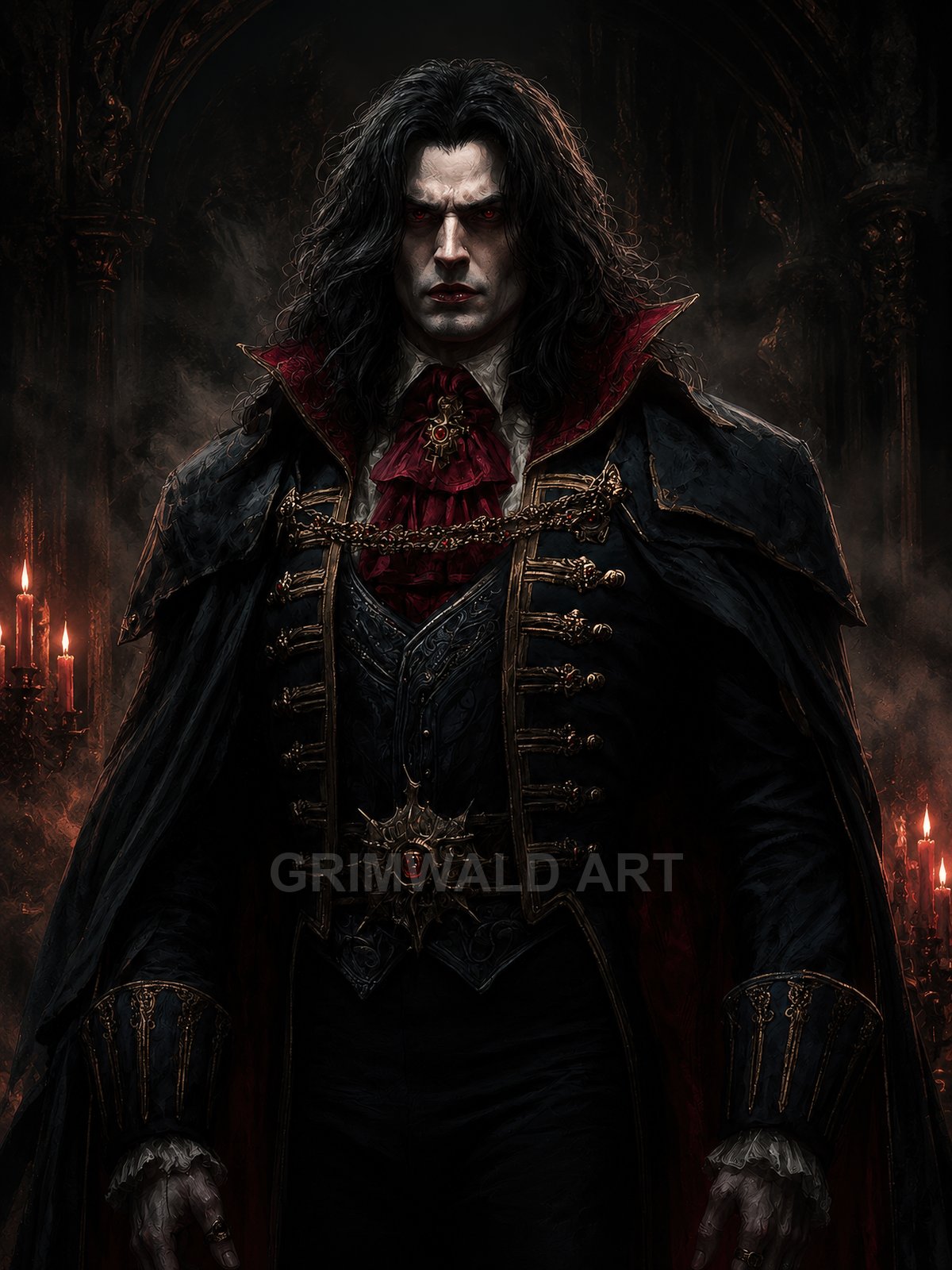 A pale, red-eyed vampire noble in ornate dark attire stands in a candlelit gothic interior, exuding menace with rich textures and baroque details.