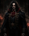 GRID THUMBNAIL — A pale, red-eyed vampire noble in ornate dark attire stands in a candlelit gothic interior, exuding menace with rich textures and baroque details.
