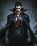 GRID THUMBNAIL — Pale male vampire in black feathered cloak and crimson cravat grips a staff, silver bracers gleaming, before a misty gothic castle at night.