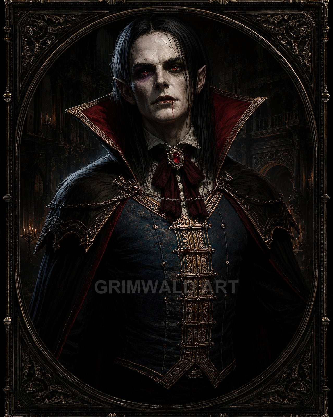 Pale vampire noble with red eyes and fangs, wearing ornate blue and gold attire, framed before a candlelit gothic castle hall.