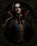 GRID THUMBNAIL — Pale vampire noble with red eyes and fangs, wearing ornate blue and gold attire, framed before a candlelit gothic castle hall.