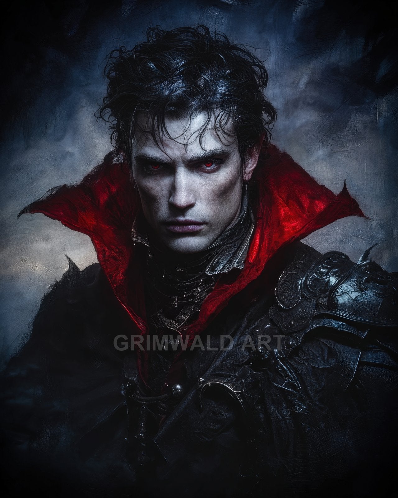 Brooding male vampire with glowing red eyes and a high crimson collar, clad in dark ornate armour against a moody, moonlit background.