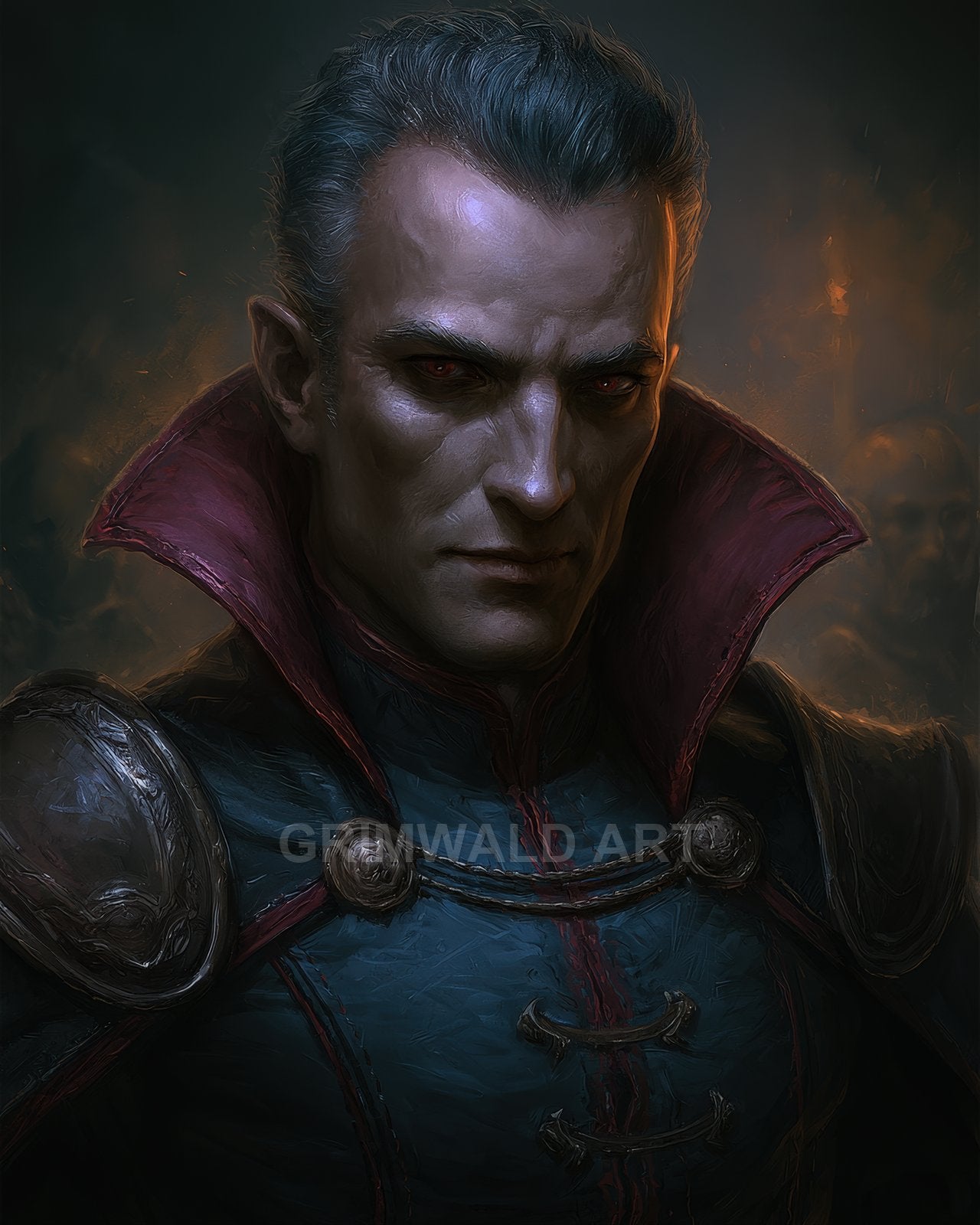 Portrait of a pale male vampire with red eyes, high crimson collar and ornate shoulder armour, lit by smoky, firelit gloom.