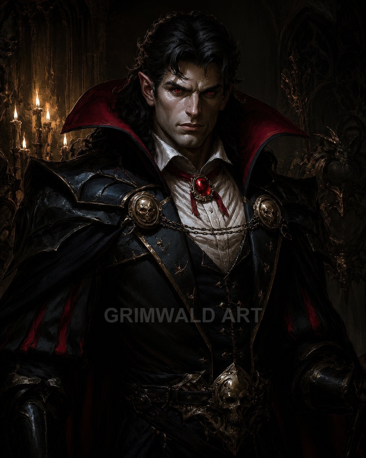 Dark-haired male vampire in ornate black armour with red collar and jewel, standing in a candlelit gothic interior, staring intensely with glowing red eyes.