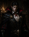 GRID THUMBNAIL — Dark-haired male vampire in ornate black armour with red collar and jewel, standing in a candlelit gothic interior, staring intensely with glowing red eyes.