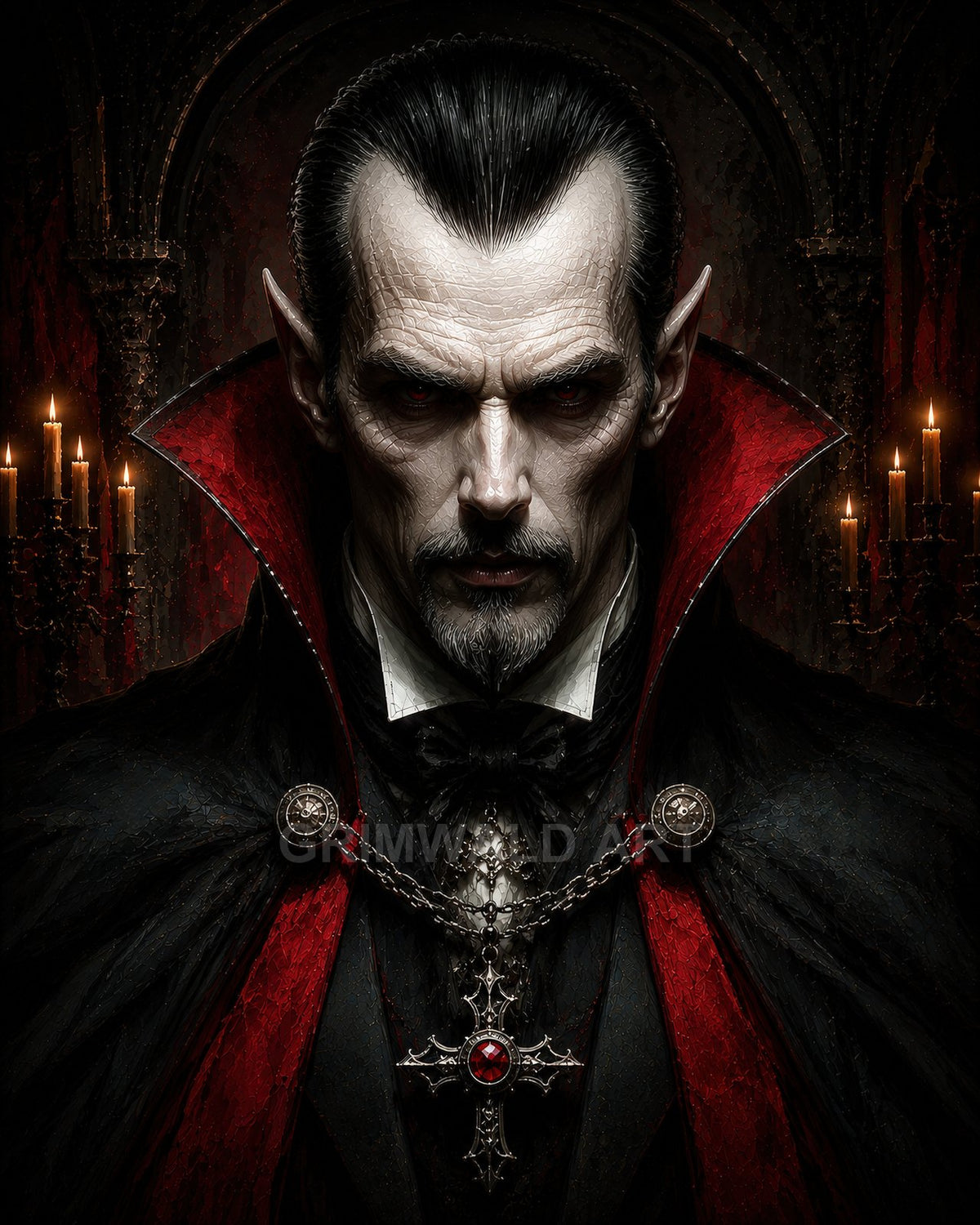 Portrait of a male vampire noble with red eyes, high scarlet-lined collar, and ornate cross pendant, in a candlelit gothic interior.