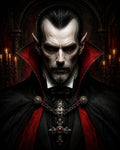 GRID THUMBNAIL — Portrait of a male vampire noble with red eyes, high scarlet-lined collar, and ornate cross pendant, in a candlelit gothic interior.