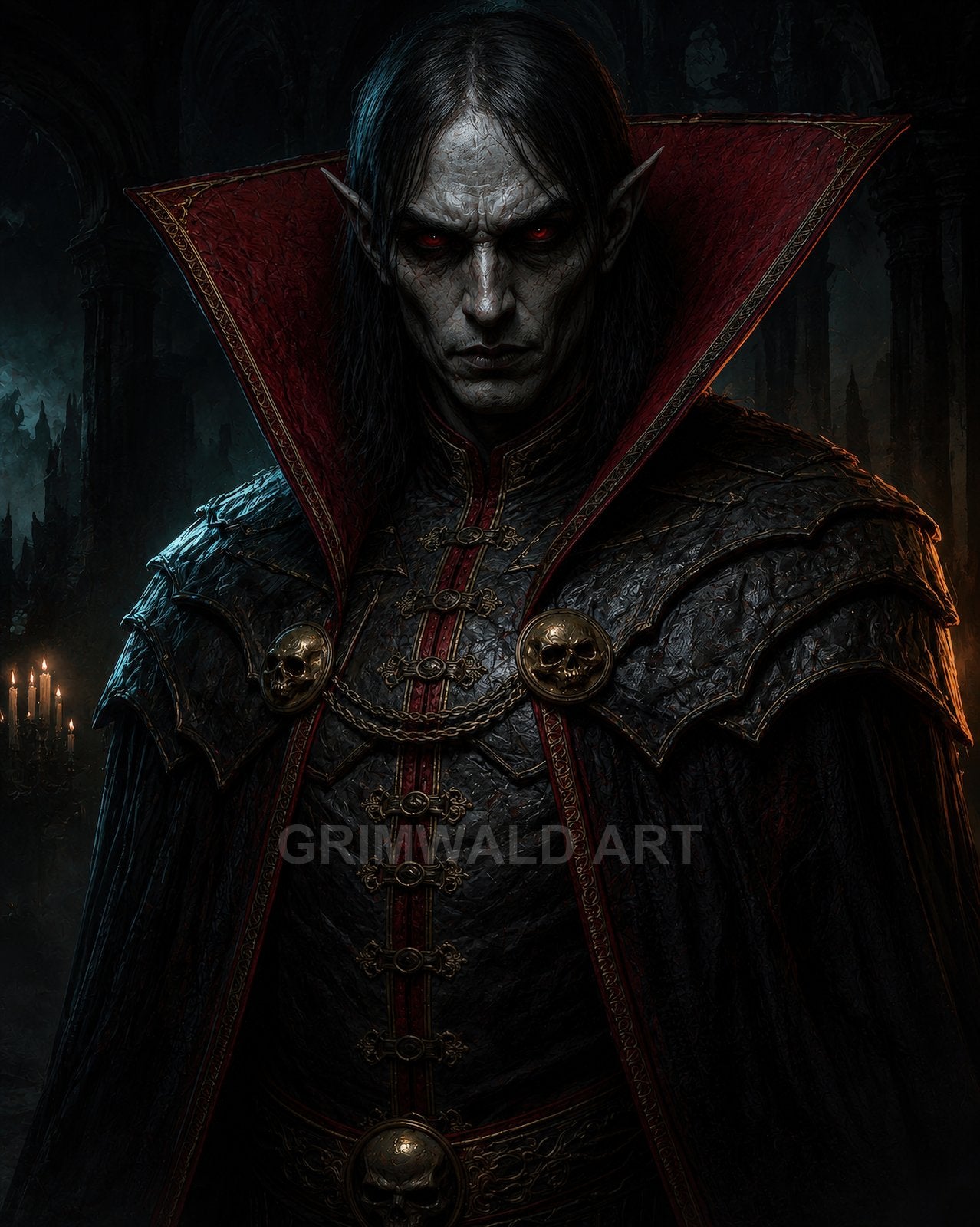 Pale, red-eyed vampire noble in ornate black armour and crimson collar stands in a candlelit gothic interior with skull clasps and chains.