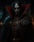 GRID THUMBNAIL — Pale, red-eyed vampire noble in ornate black armour and crimson collar stands in a candlelit gothic interior with skull clasps and chains.