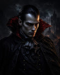 GRID THUMBNAIL — Brooding male vampire with red eyes and high crimson collar stands before a Gothic castle at night, bats circling under stormy clouds.